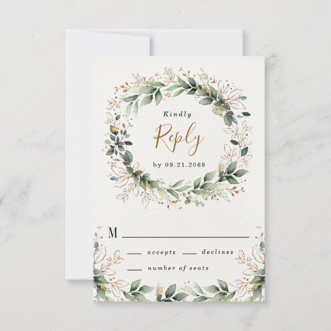 Greenery Gold Elegant Watercolor Boho Leaf Wedding RSVP Card (Front)
