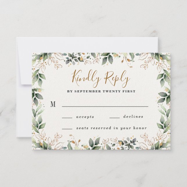Greenery Gold Elegant Watercolor Boho Leaf Wedding RSVP Card (Front)
