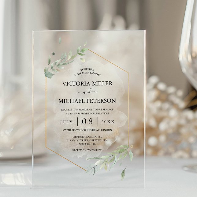 Greenery Gold Elegant Watercolor Foliage Wedding Acrylic Invitations (Creator Uploaded)