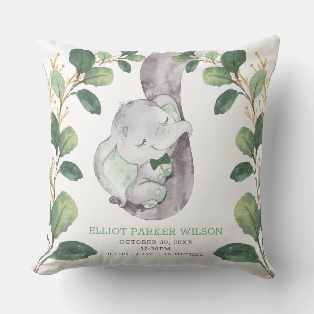 Greenery Gold Elephant Little Man Birth Stats Cushion (Front)