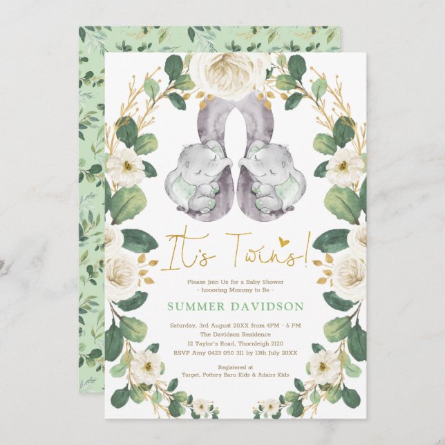 Greenery Gold Elephant Twins Neutral Baby Shower Invitation (Front/Back)