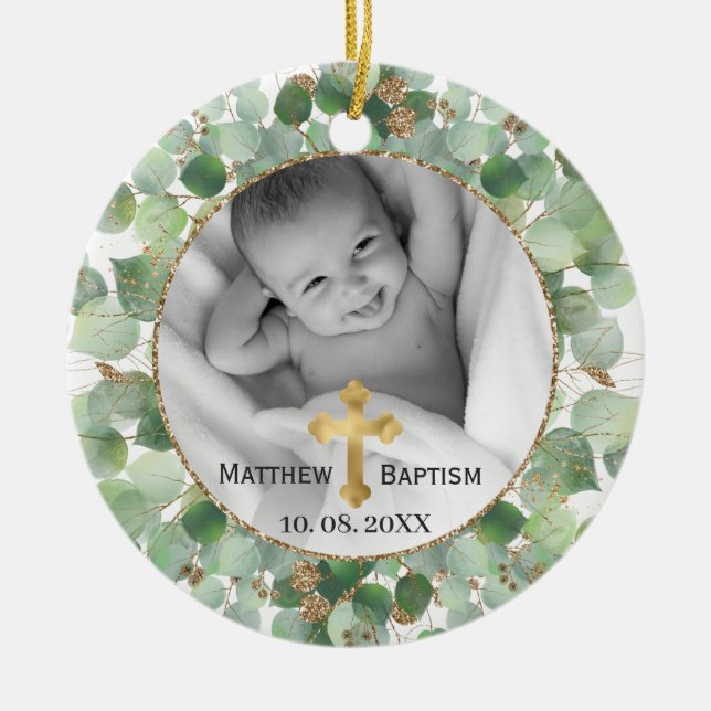 Greenery Gold Eucalyptus Baby Baptism Photo Ceramic Tree Decoration (Front)
