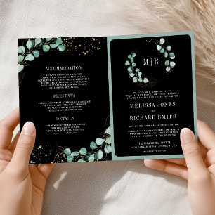 Greenery Gold Eucalyptus Black QR Code Wedding Invitation