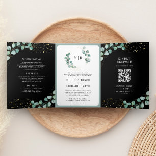 Greenery Gold Eucalyptus Black QR Code Wedding Tri-Fold Invitation