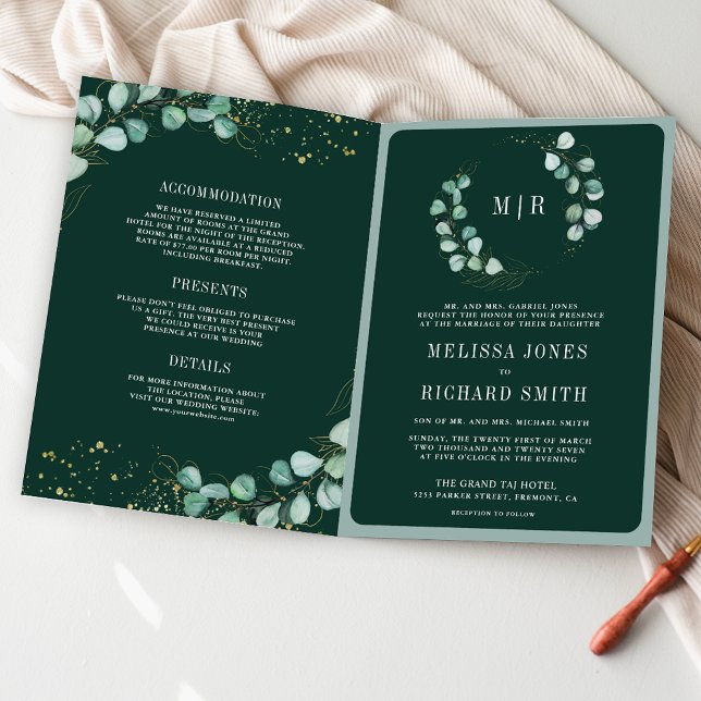 Greenery Gold Eucalyptus Emerald QR Code Wedding Invitation (Creator Uploaded)