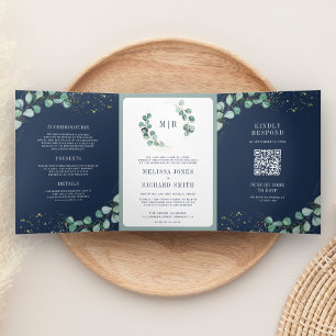 Greenery Gold Eucalyptus Navy Blue QR Code Wedding Tri-Fold Invitation
