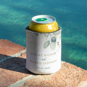 Greenery Gold Eucalyptus Rustic Wedding Can Cooler