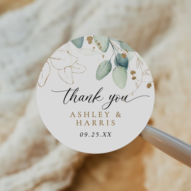 Greenery Gold Eucalyptus Rustic Wedding Classic Round Sticker (Creator Uploaded)
