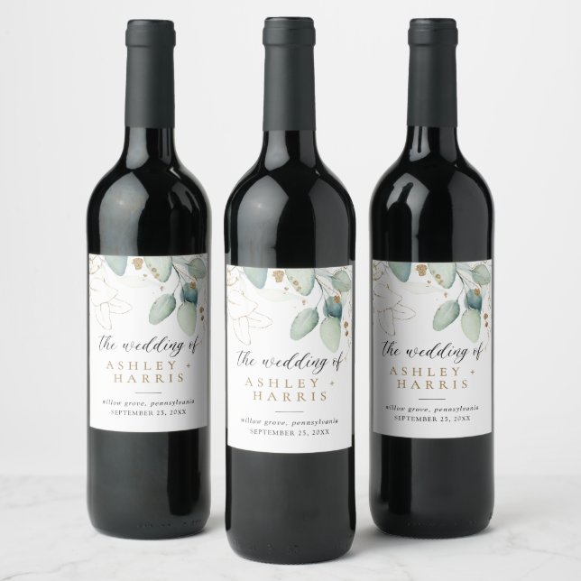 Greenery Gold Eucalyptus Rustic Wedding Wine Label (Bottles)