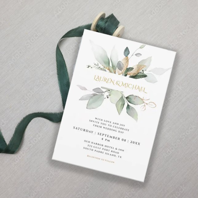 Greenery & Gold Eucalyptus Wedding Invitation (Creator Uploaded)