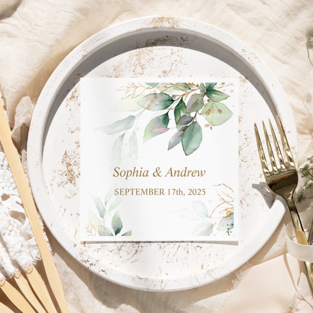 Greenery & Gold Eucalyptus Wedding Napkins (Creator Uploaded)