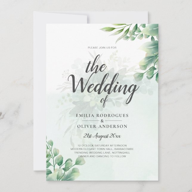 Greenery Gold Eucalyptus WEDDING QR CODE Modern Invitation (Front)