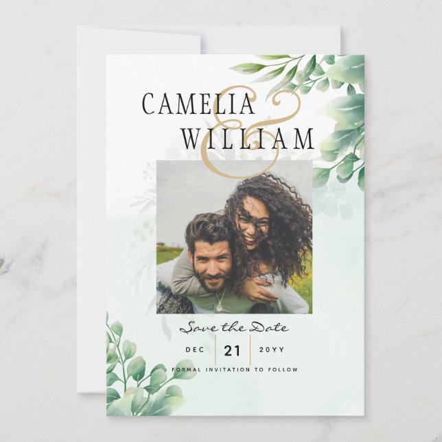 Greenery Gold Eucalyptus WEDDING QR CODE Modern Invitation (Front)