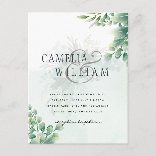 Greenery Gold Eucalyptus WEDDING QR CODE Modern Postcard (Front)