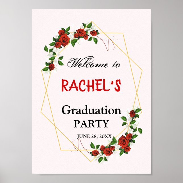 Greenery Gold Floral Graduation Party Welcome Poster (Front)