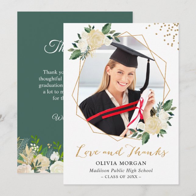 Greenery Gold Floral Graduation Photo Thank You Invitation (Front/Back)