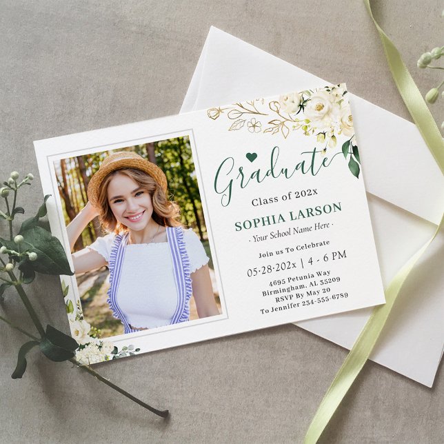 Greenery Gold Floral Photo Graduation Celebration Invitation (Creator Uploaded)