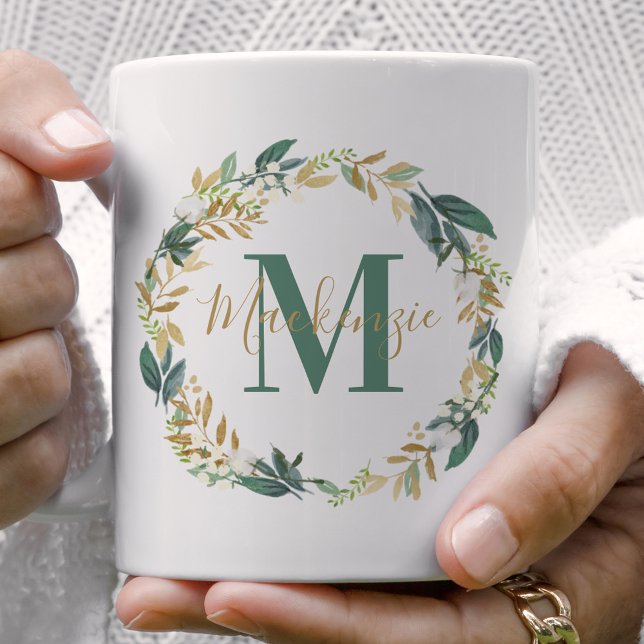 Greenery Gold Floral Wreath Custom Monogram Coffee Mug (Creator Uploaded)