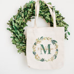 Greenery Gold Floral Wreath Custom Monogram Tote Bag<br><div class="desc">Elegant nature inspired custom tote bag design features a beautiful watercolor greenery wreath with neutral green,  gold,  and cream coloured foliage and flowers. Personalise with custom monogram name and initial. Makes a great gift for your bridesmaids and other members of your bridal party.</div>