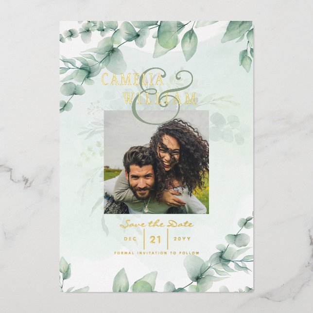 Greenery Gold Foil PHOTO QR CODE Wedding Save Date (Front)