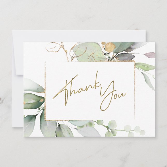Greenery Gold Foliage Eucalyptus Thank You Note Card (Front)
