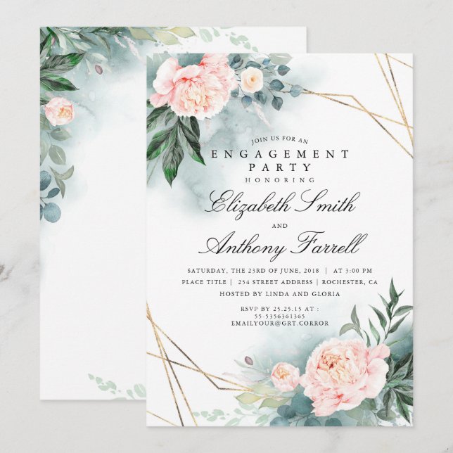 Greenery Gold Frame Pink Floral Engagement Party Invitation (Front/Back)