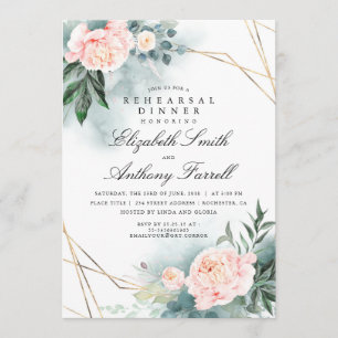 Greenery Gold Frame Pink Floral Rehearsal Dinner Invitation