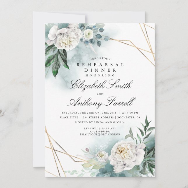 Greenery Gold Frame White Floral Rehearsal Dinner Invitation (Front)
