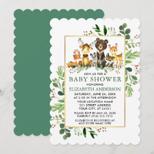 Greenery Gold Frame Woodland Animals Baby Shower Invitation