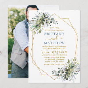 Greenery Gold Geo Frame Dusty Blue Photo Wedding Invitation