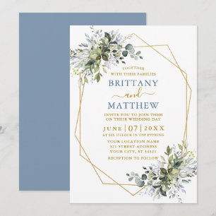 Greenery Gold Geo Frame Dusty Blue Wedding Invitation