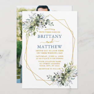 Greenery Gold Geo Frame Photo Wedding Dusty Blue Invitation