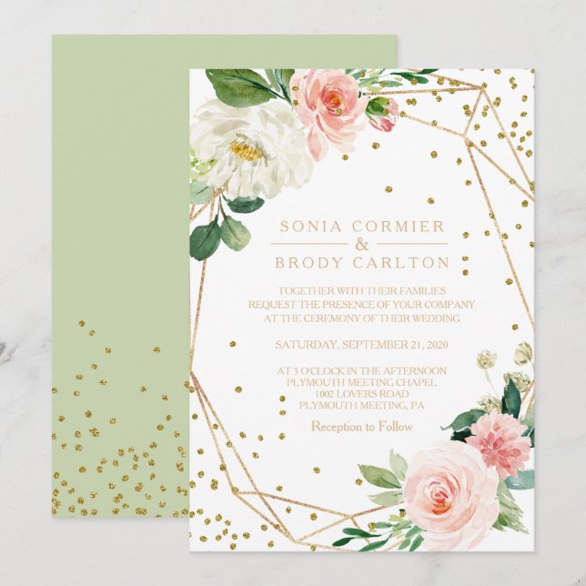 Greenery & Gold Geometric Elegant Floral Wedding Invitation (Front/Back)
