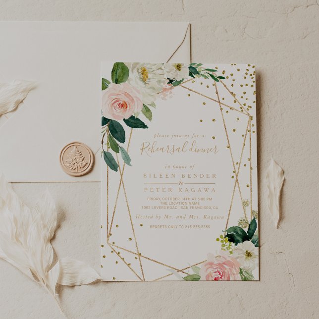 Greenery & Gold Geometric Elegant Rehearsal Dinner Invitation (Creator Uploaded)