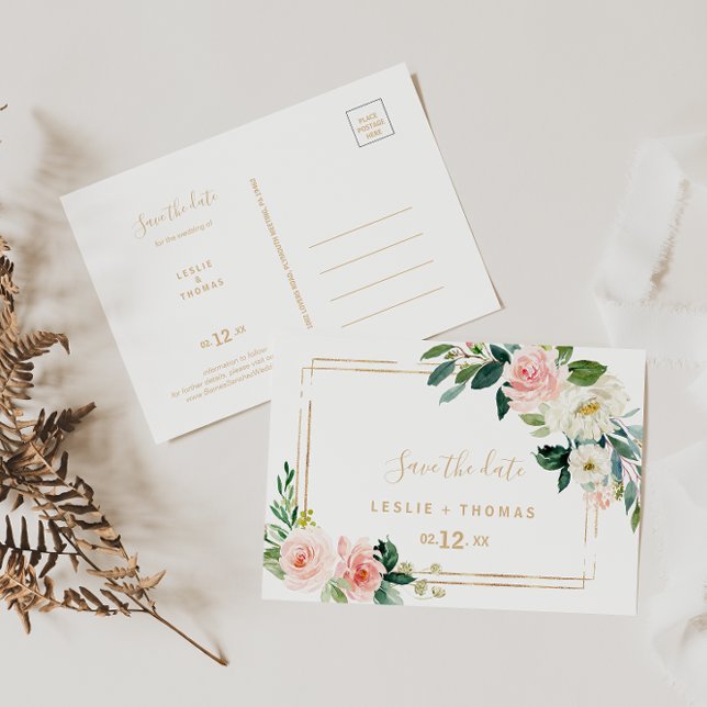 Greenery & Gold Geometric Elegant Save the Date Postcard (Creator Uploaded)