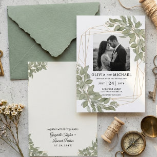 Greenery Gold Geometric Eucalyptus Leaf Wedding Invitation