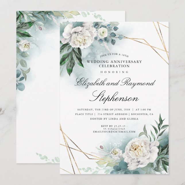 Greenery Gold Geometric Floral Wedding Anniversary Invitation (Front/Back)