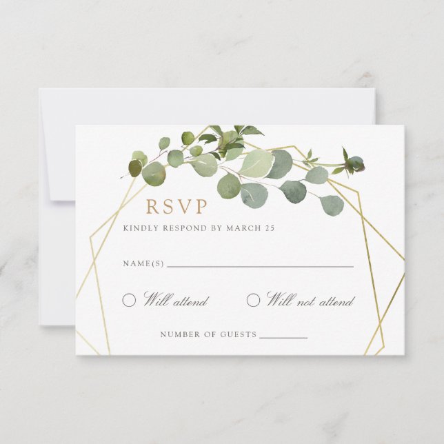 Greenery Gold Geometric Frame Elegant Wedding RSVP Invitation (Front)