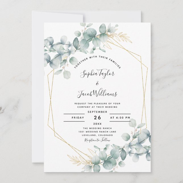 Greenery Gold Geometric Rustic Eucalyptus Wedding Invitation (Front)