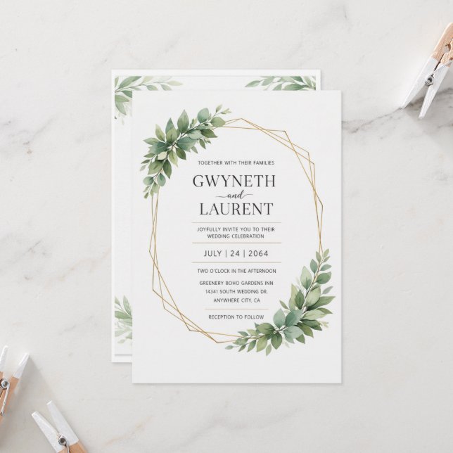 Greenery Gold Geometric Rustic Wedding Invitation (Front/Back In Situ)
