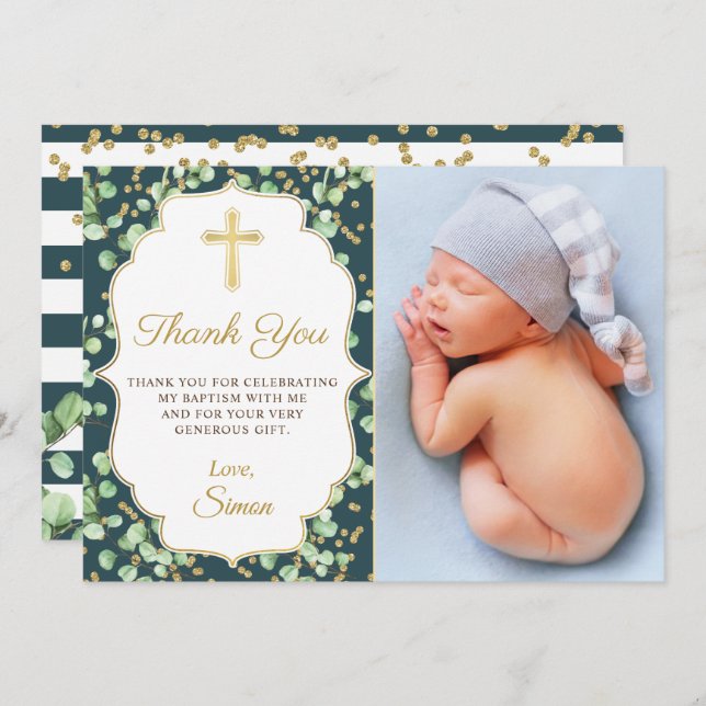 Greenery Gold Glitter Baptism Thank you Card (Front/Back)