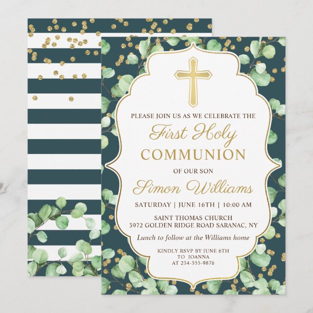 Greenery Gold Glitter First Holy Communion Invitation (Front/Back)