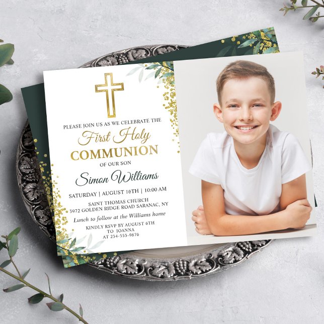 Greenery Gold Glitter First Holy Communion Photo Invitation (Creator Uploaded)