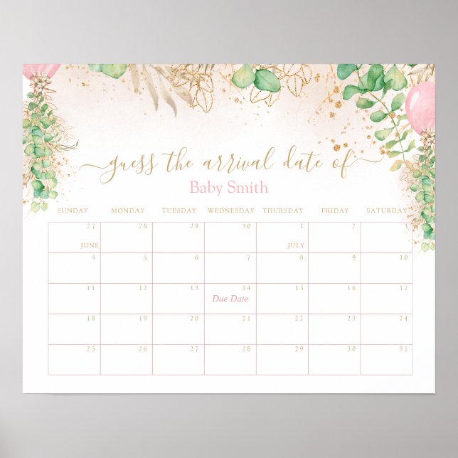 Greenery Gold Glitter Guess Baby Arrival Date  Poster (Front)