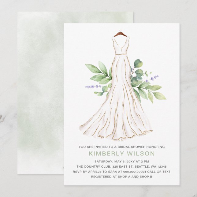 Greenery Gold Glitter Wedding Dress Bridal Shower Invitation (Front/Back)