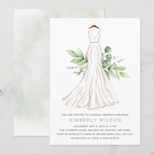 Greenery Gold Glitter Wedding Dress Bridal Shower Invitation