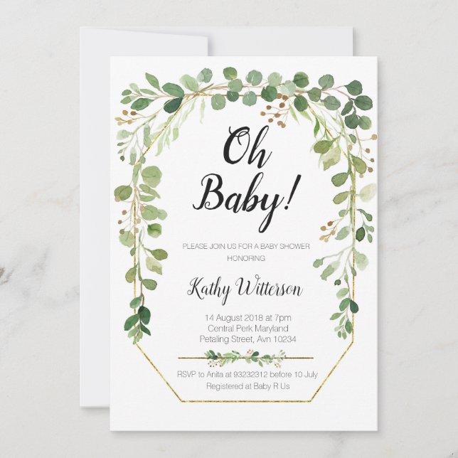 Greenery Gold Glitters Baby Shower Invitation (Front)