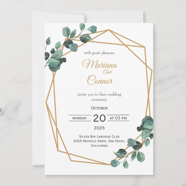 Greenery Gold Hexagon Wedding Invitation (Front)