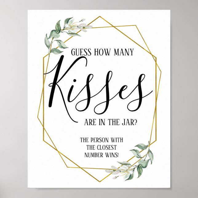 Greenery gold how many kisses bridal shower sign (Front)