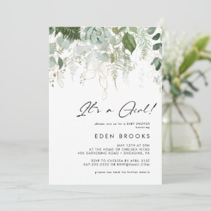 Greenery & Gold Its A Girl All In One Baby Shower Invitation